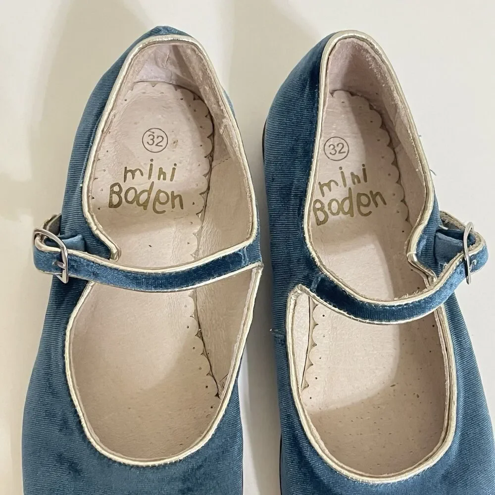 Mini Boden Blue Velvet Mary Jane Shoes Buckle Flats Girls Size 32 US 13.5